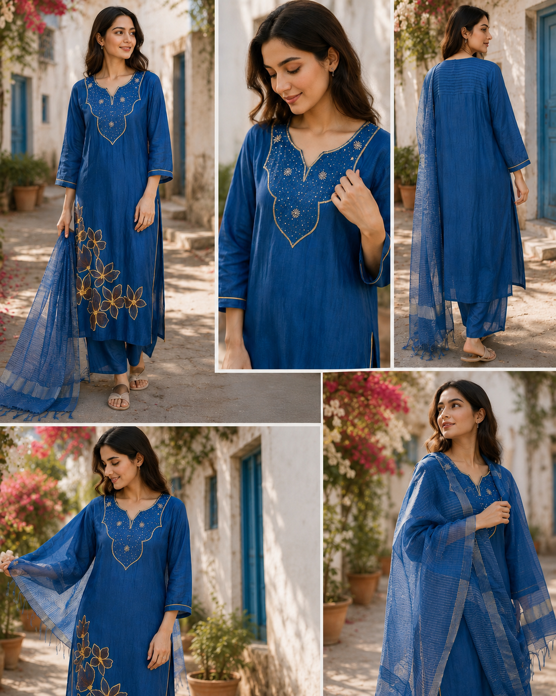 Blue Pure Mul Chanderi Party wear A Line suit with embriodary and sequins work