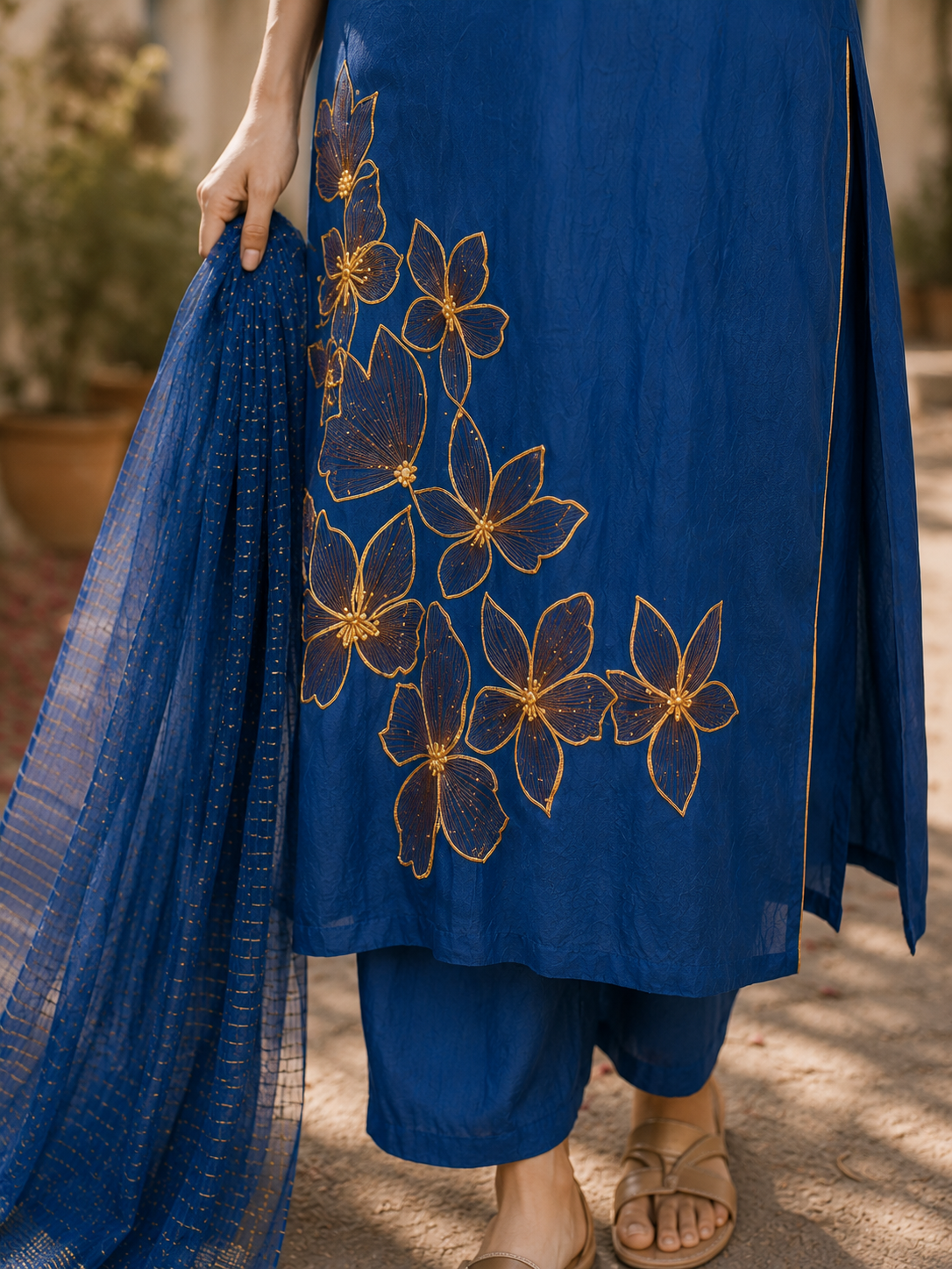 Blue Pure Mul Chanderi Party wear A Line suit with embriodary and sequins work