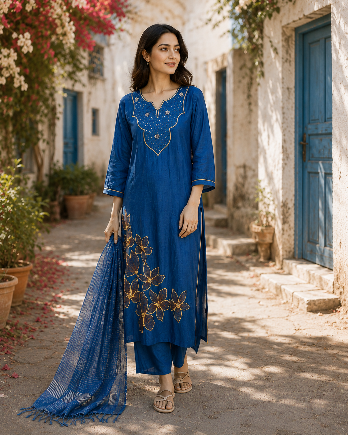 Blue Pure Mul Chanderi Party wear A Line suit with embriodary and sequins work