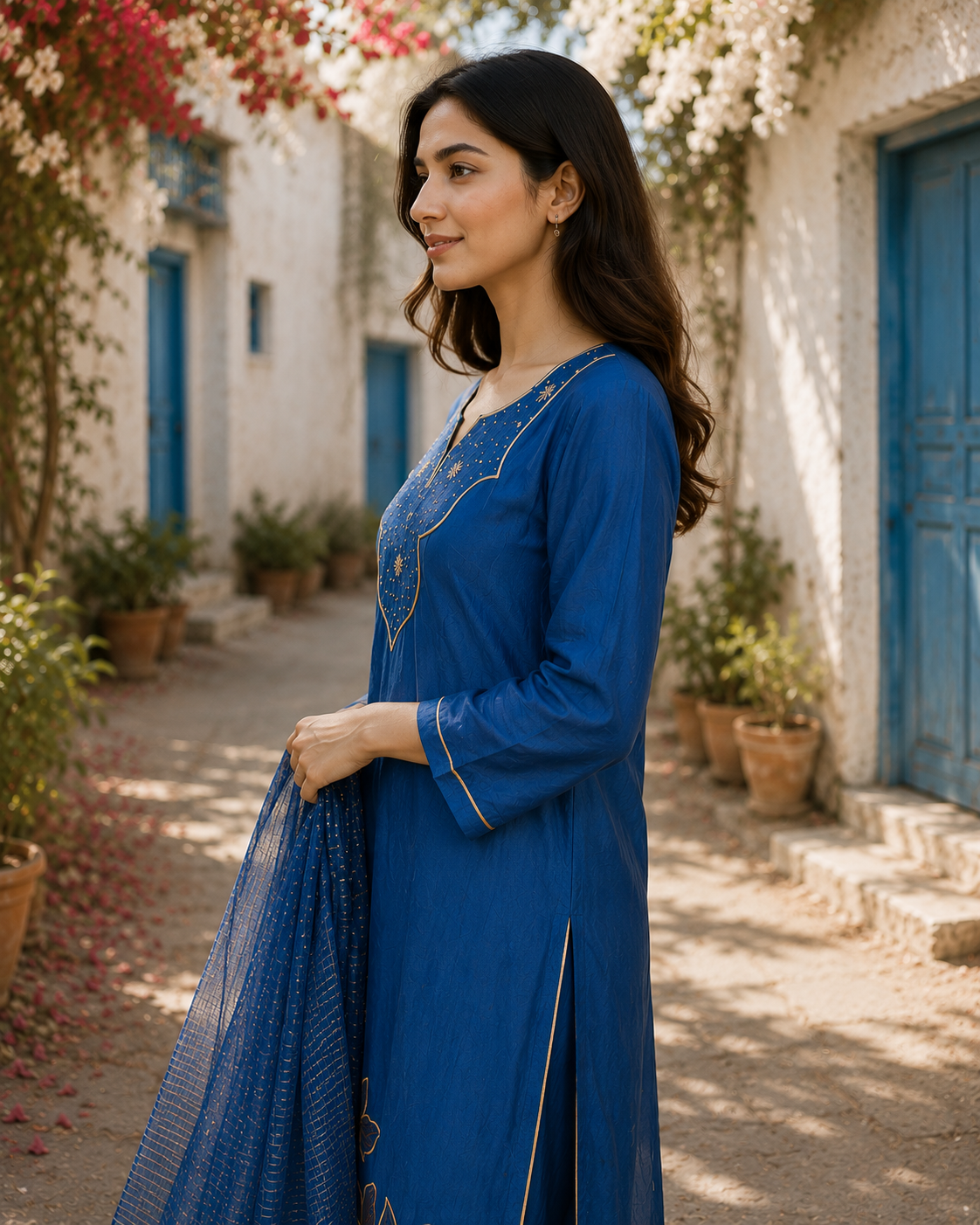 Blue Pure Mul Chanderi Party wear A Line suit with embriodary and sequins work