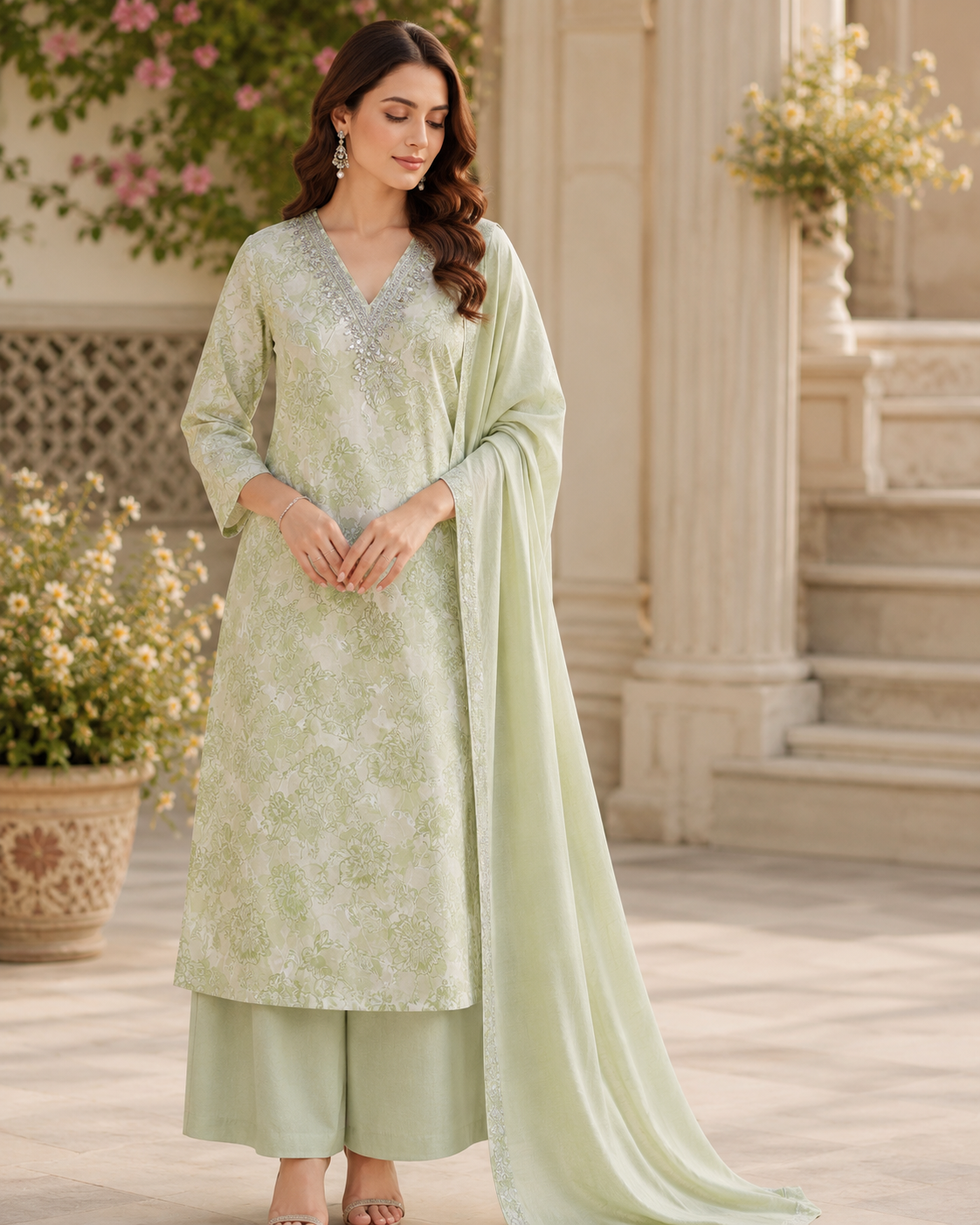 Apple Green Pure Cotton Straight Suit with Detailing work